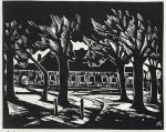 1970s Original signed woodcut Károly Andruskó  Fence Trees House Landscape Dark