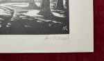 1970s Original signed woodcut Károly Andruskó  Fence Trees House Landscape Dark - Image 3