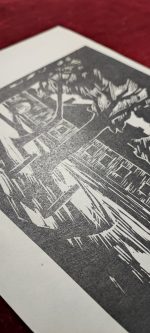 1970s Original signed woodcut Károly Andruskó  Fence Trees House Landscape Dark - Image 5