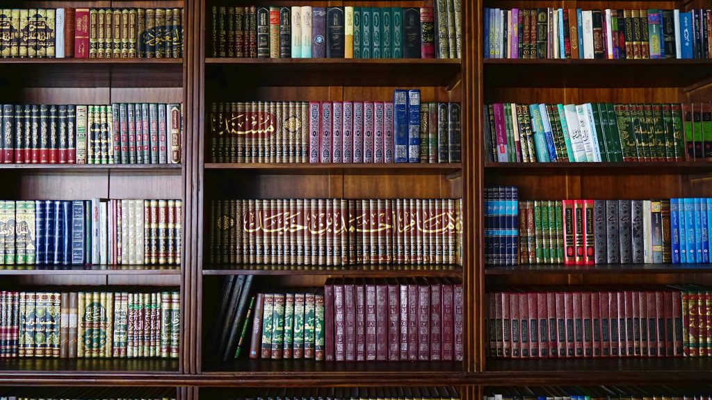 A wooden shelves with antique books