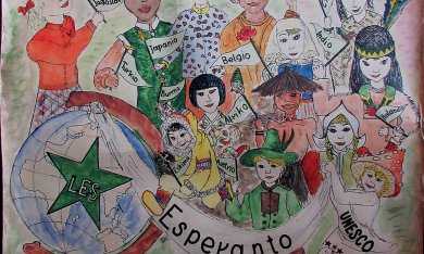 Painted poster showing children of the world communicating using esperanto