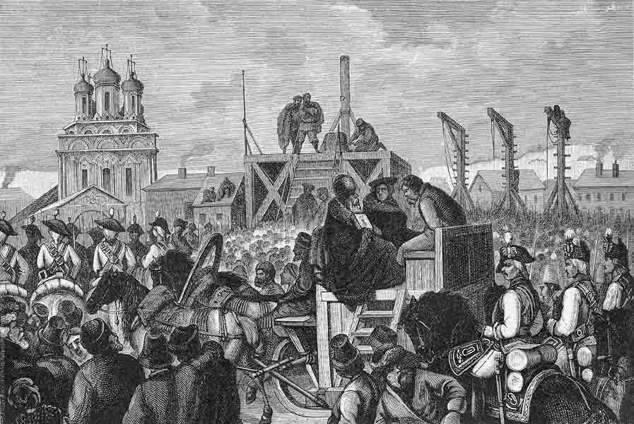 The public execution of Pugacvhev, a false pretender to the Russian throne and a Cossack rebel.