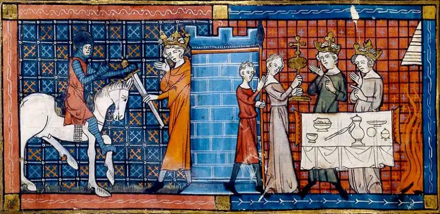 The image is showing Fisher King greeting Perceval at the Grail Castle.