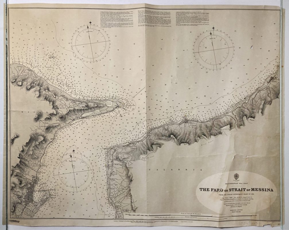Vintage nautical map showing the Strait of Messina, Italy. 