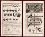 Antique prints from Diderot's Encyclopedia depicting a diamond cutting workshop and crowns.