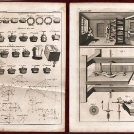 Antique prints from Diderot's Encyclopedia depicting a diamond cutting workshop and crowns.