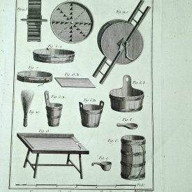 Antique print showing cheese making tools