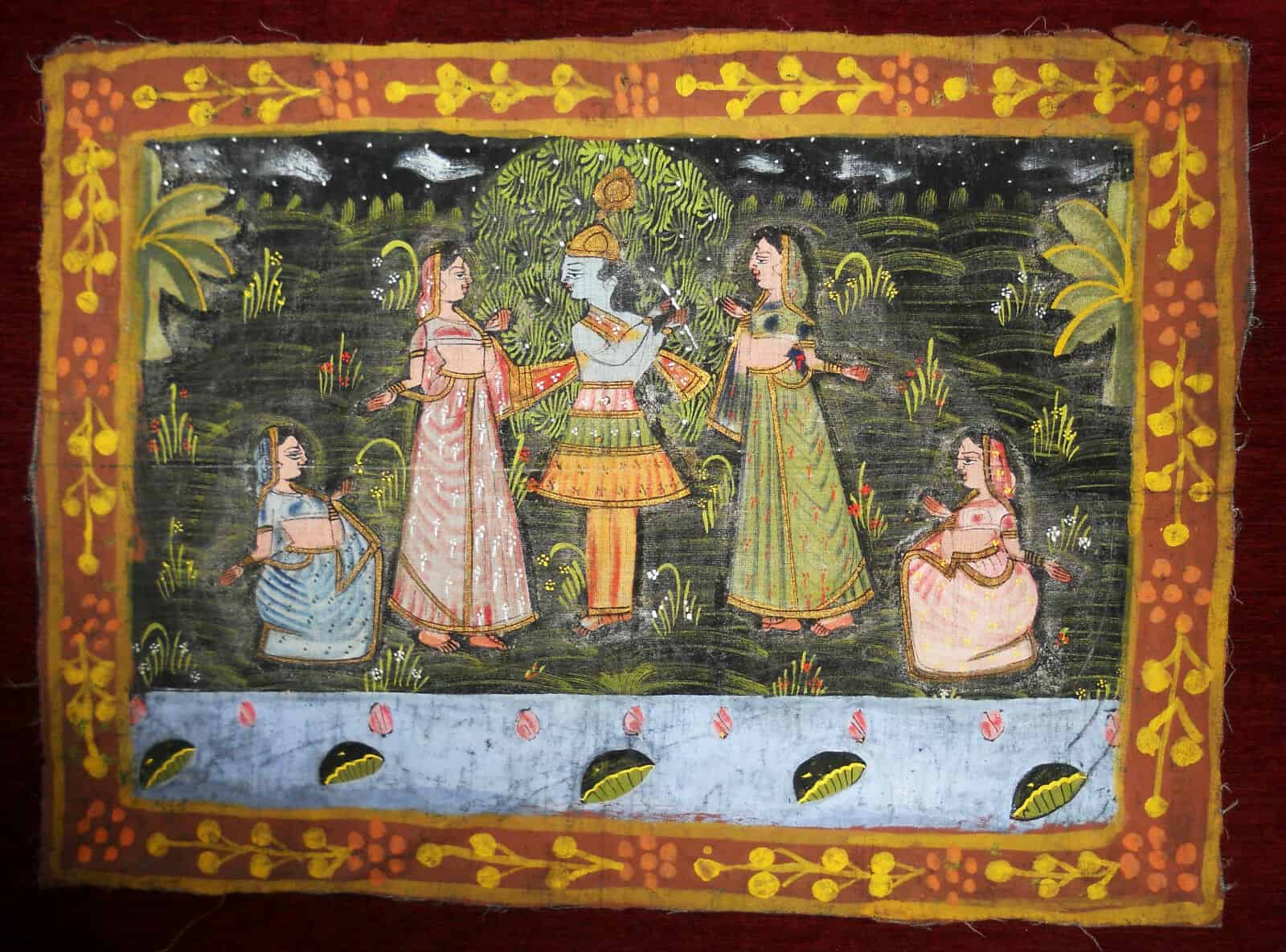 1960s Original Traditional Tempera Painting on Canvas India Garden