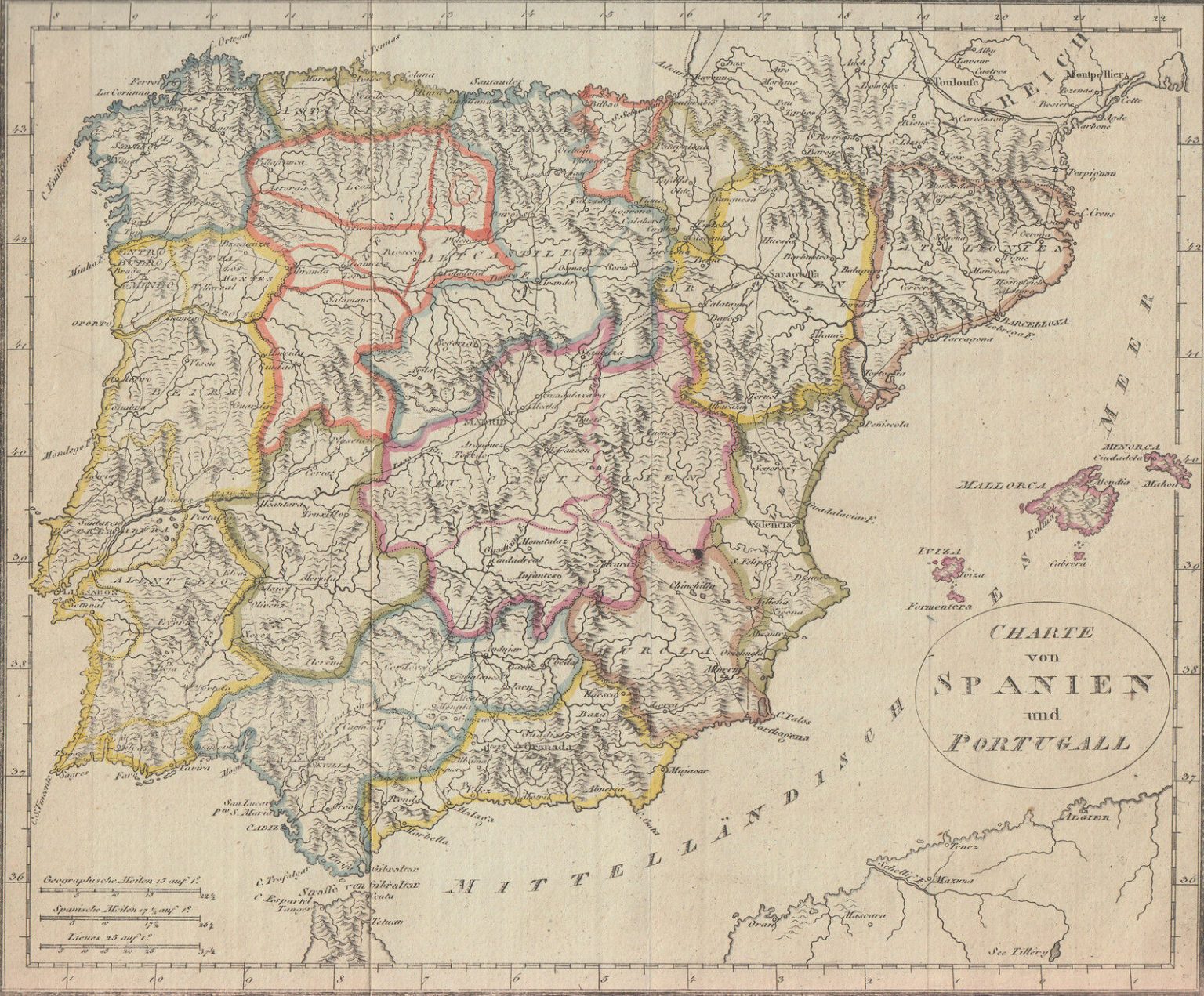 1820 Hand Coloured Copper Engraving Map Spain Portugal Johann Galletti 