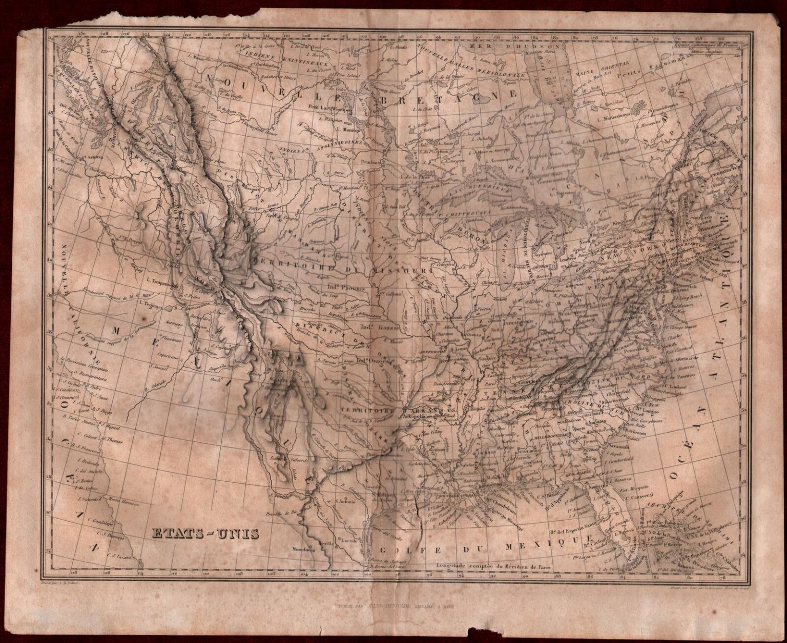 Old Map USA America Etats-Units Steel Engraving 19th Century Jules Renouard