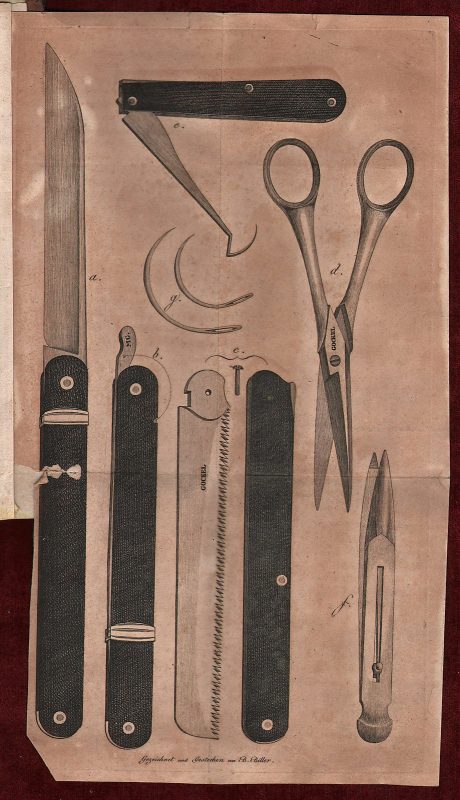 An illustrated page of Vincenz Kern's book about the amputation showing the tools used in the process.