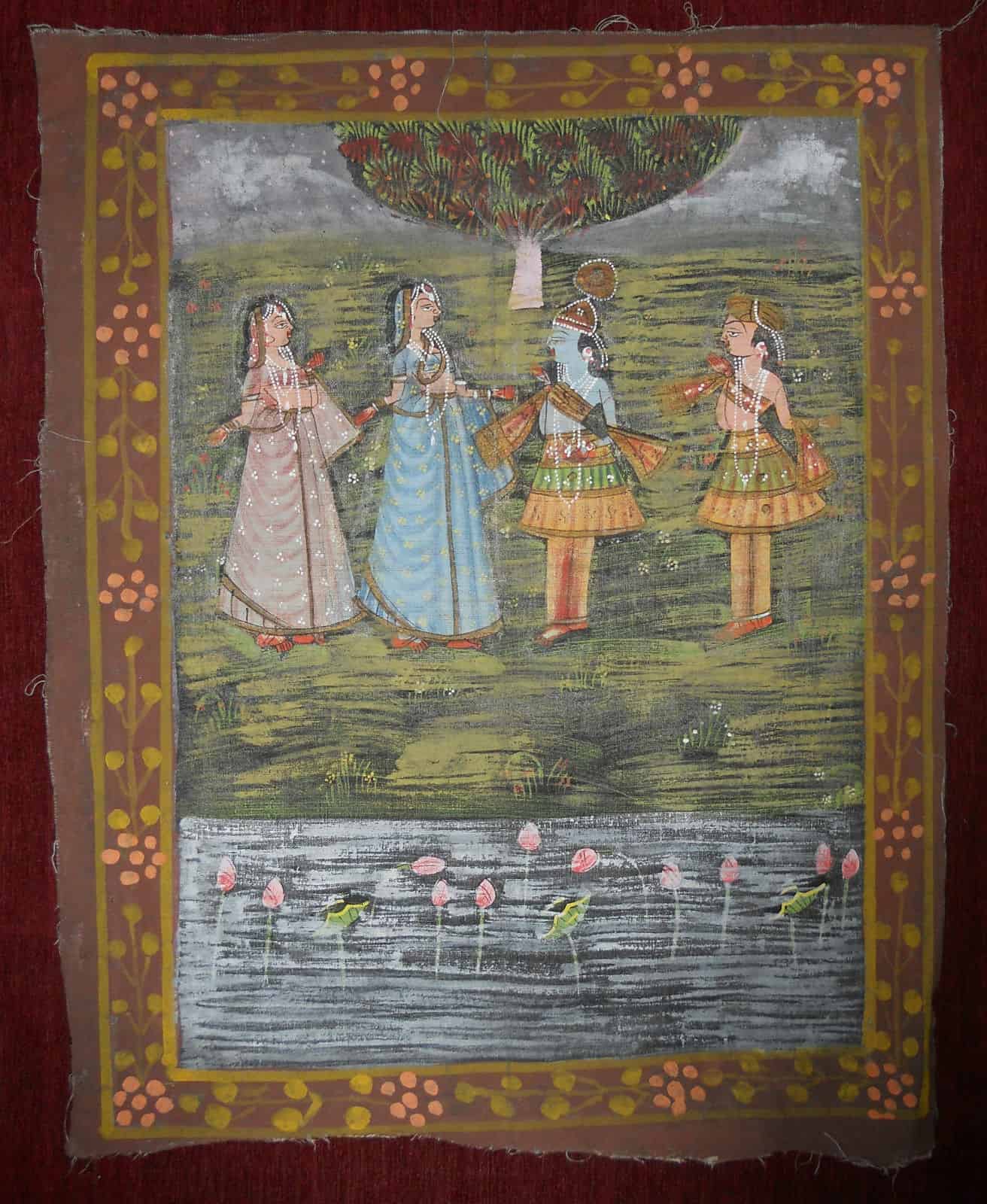 1960s Original Traditional Tempera Painting on Canvas India Garden
