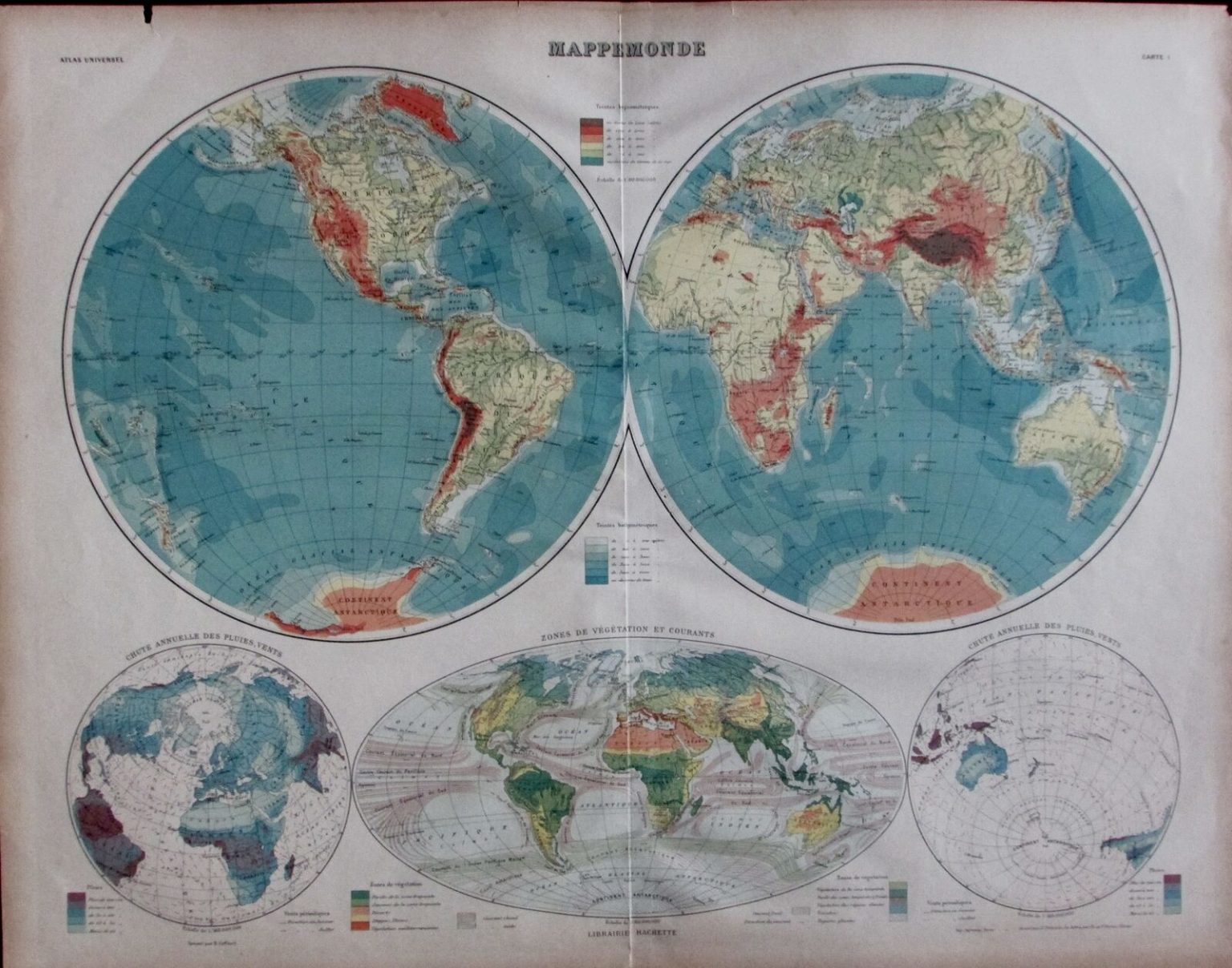 Antique World Map Mappemonde Hemisphere Atlas Hemisphere